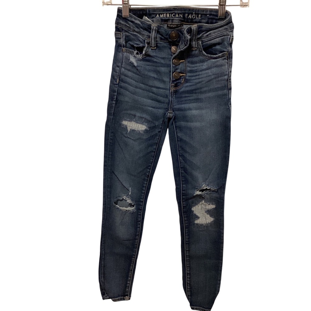 American Eagle Outfitters Hi Rise Jeggings Women Blue Distressed Button Fly
